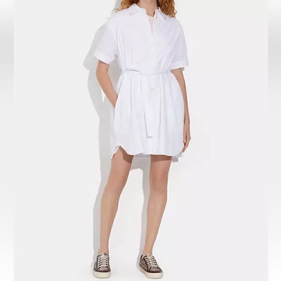 Coach Dresses & Skirts - NWT Coach Wrinkled Button Down Dress White Short Sleeve Cotton Tie Pockets Mini